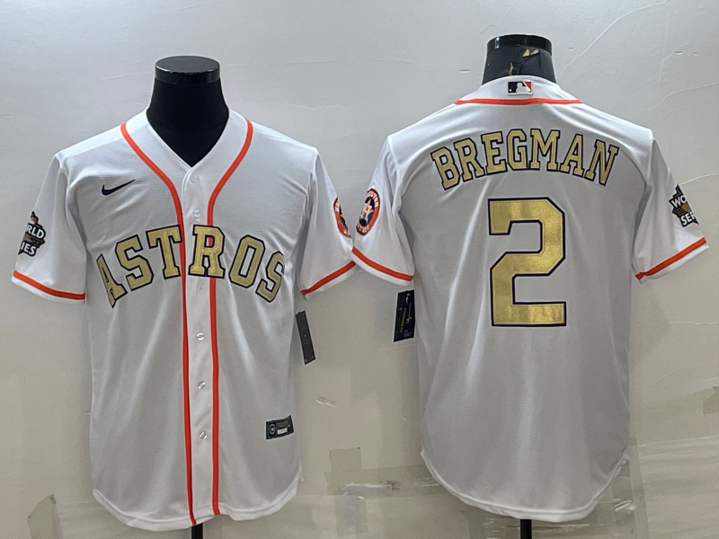 Men's Houston Astros #2 Alex Bregman White Gold 2022 World Series Stitched Baseball Jersey Men's Houston Astros #2 Alex Bregman White Gold 2022 World Series Stitched Baseball Jersey